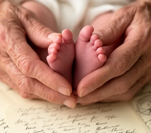 Mains de parents tenant délicatement un nouveau-né avec texte manuscrit