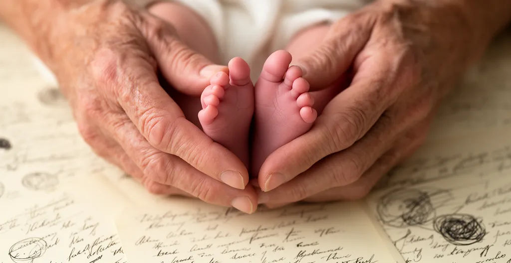 Mains de parents tenant délicatement un nouveau-né avec texte manuscrit
