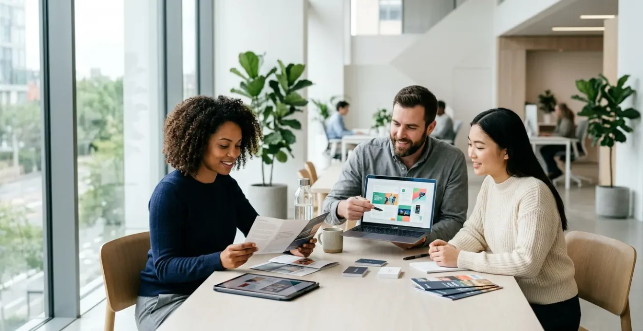 Équipe marketing analysant l'alignement entre supports print et digitaux dans un bureau moderne