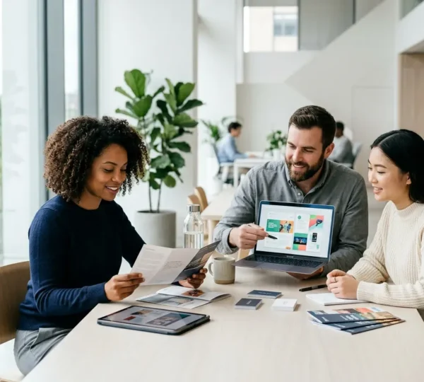 Équipe marketing analysant l'alignement entre supports print et digitaux dans un bureau moderne