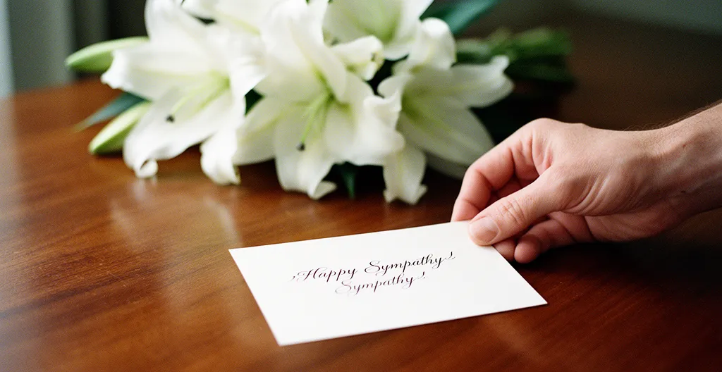 Main posant délicatement une carte de condoléances sur une surface de bois avec des fleurs blanches floues en arrière-plan