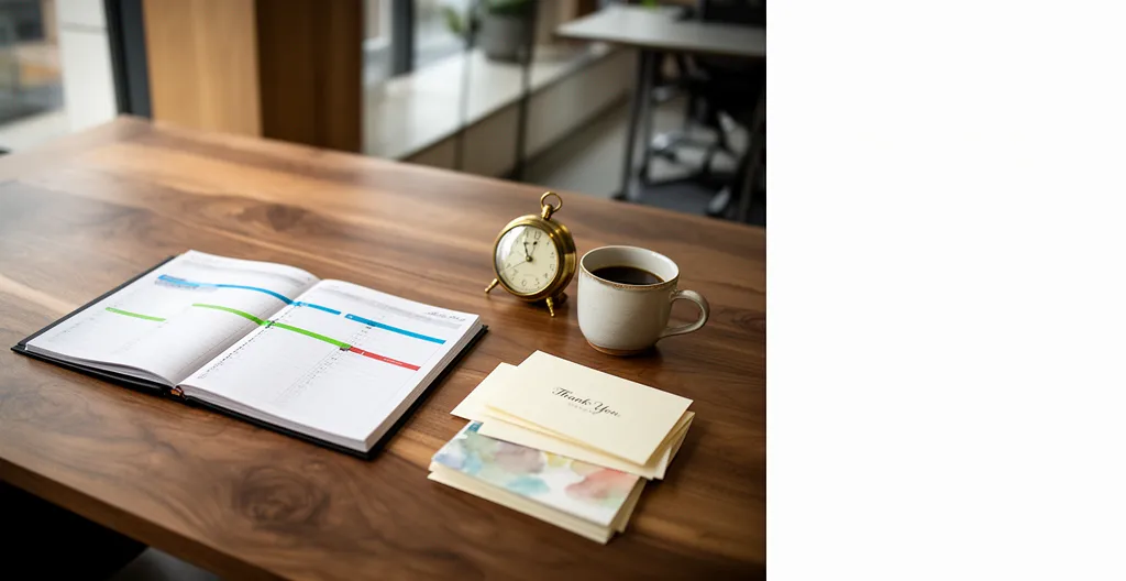 Bureau élégant avec calendrier et cartes de remerciement personnalisées prêtes à l'envoi