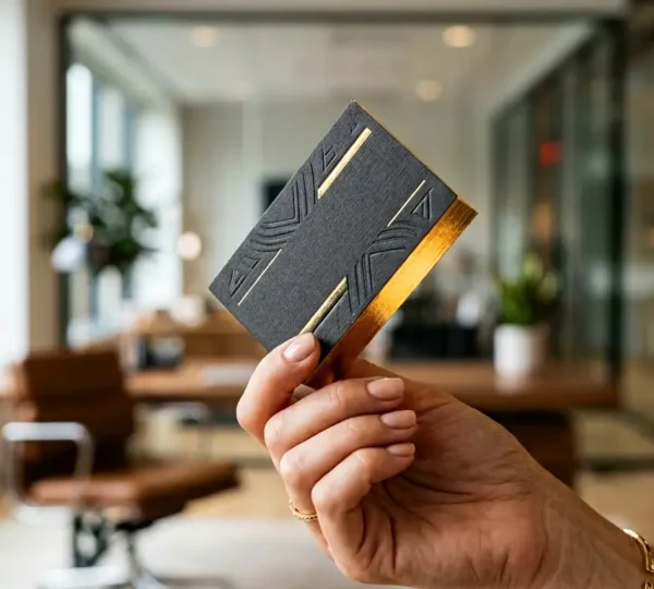 Main d'homme d'affaires tendant une carte de visite premium avec texture métallique dorée