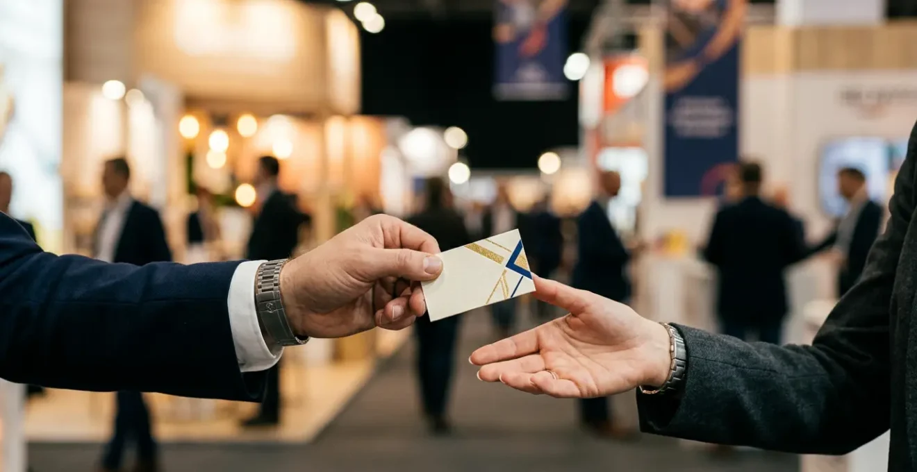 Échange de cartes de visite entre professionnels dans un salon d'affaires