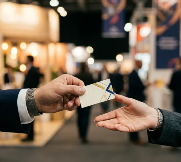 Échange de cartes de visite entre professionnels dans un salon d'affaires