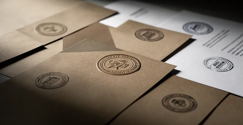 Photographie éditoriale montrant des documents commerciaux avec des logos de certification forestière