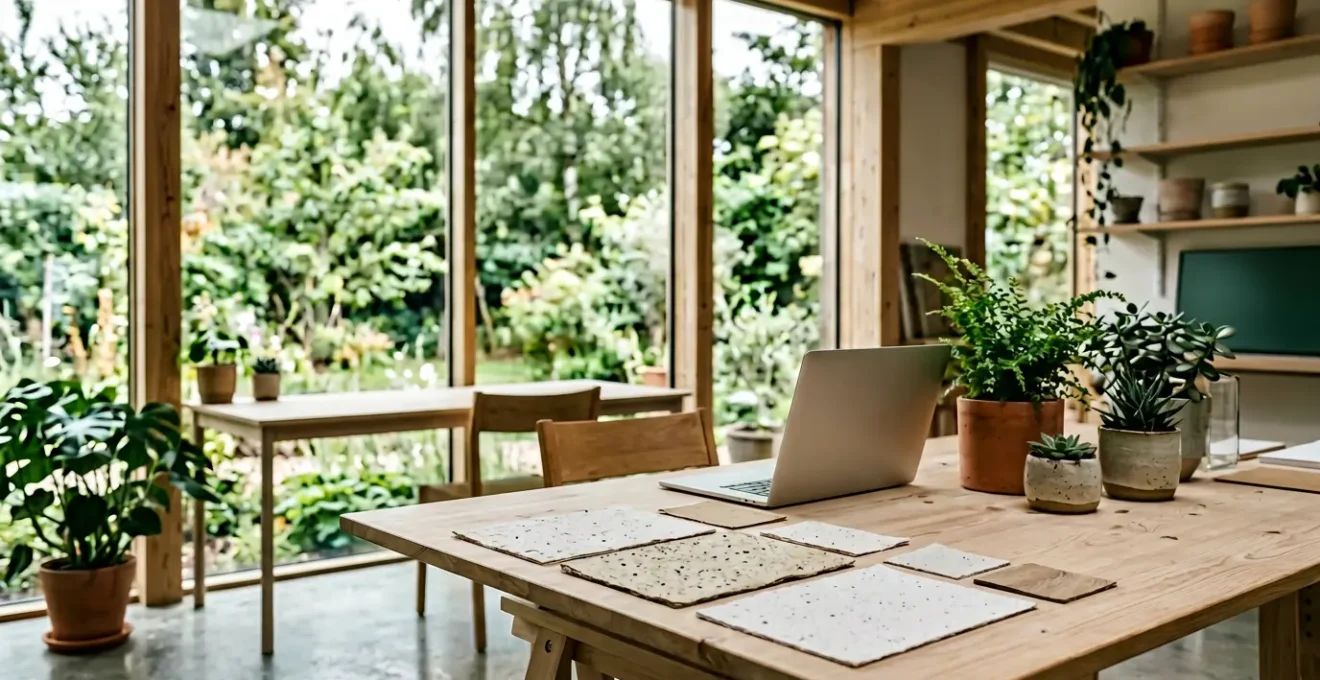 Bureau moderne avec documents certifiés, plantes vertes et éléments naturels symbolisant une communication responsable