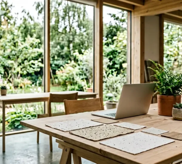 Bureau moderne avec documents certifiés, plantes vertes et éléments naturels symbolisant une communication responsable