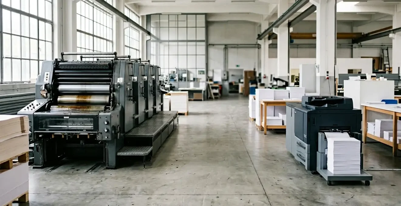 Comparaison visuelle entre impression offset et numérique dans un atelier d'impression professionnel