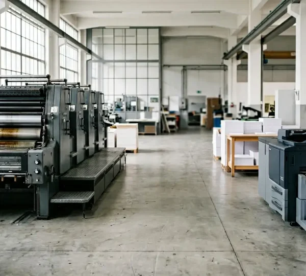 Comparaison visuelle entre impression offset et numérique dans un atelier d'impression professionnel