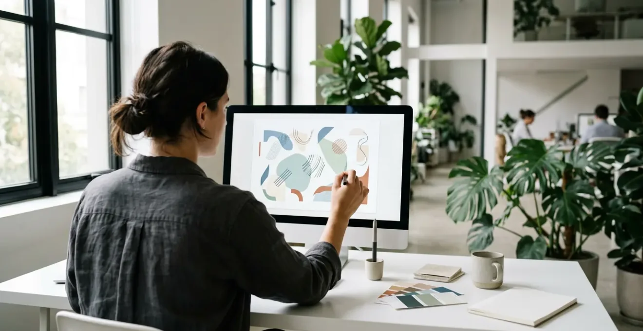 Designer créatif utilisant une interface de design en ligne dans un environnement de travail moderne et épuré