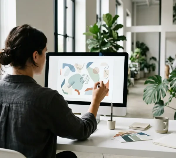 Designer créatif utilisant une interface de design en ligne dans un environnement de travail moderne et épuré