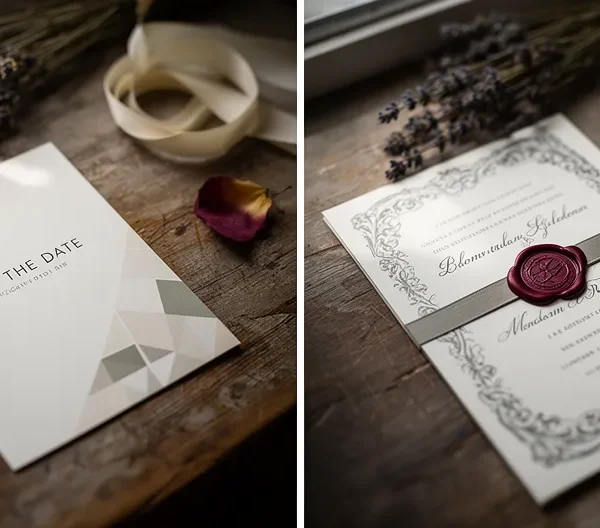 Comparaison visuelle entre un save the date minimaliste et une invitation de mariage élaborée posés sur une table en bois