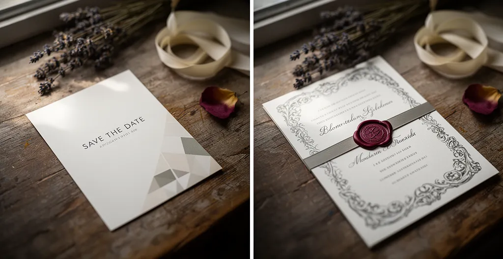 Comparaison visuelle entre un save the date minimaliste et une invitation de mariage élaborée posés sur une table en bois