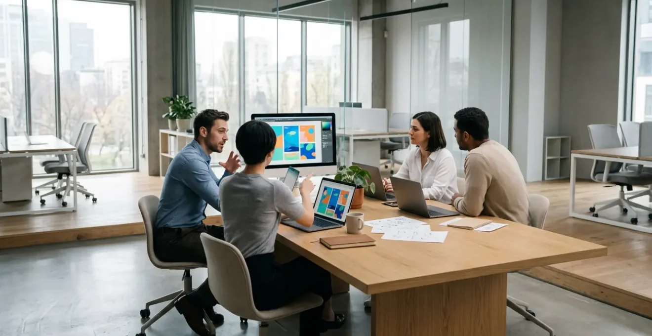 Espace de travail moderne avec écrans montrant une interface d'édition collaborative