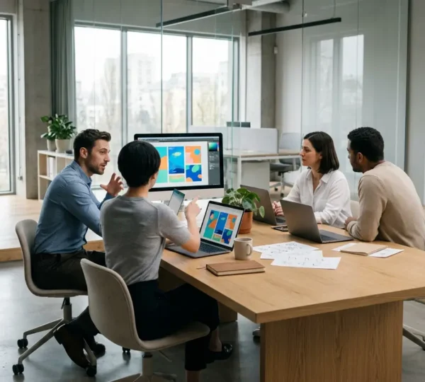 Espace de travail moderne avec écrans montrant une interface d'édition collaborative