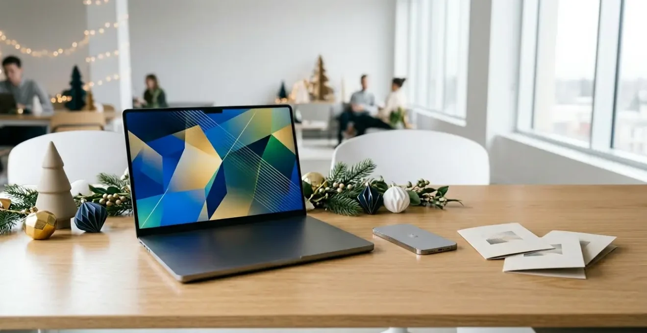 Environnement bureau épuré avec composition stratégique d'éléments marketing et technologiques