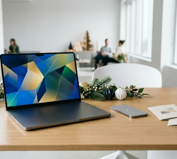 Environnement bureau épuré avec composition stratégique d'éléments marketing et technologiques