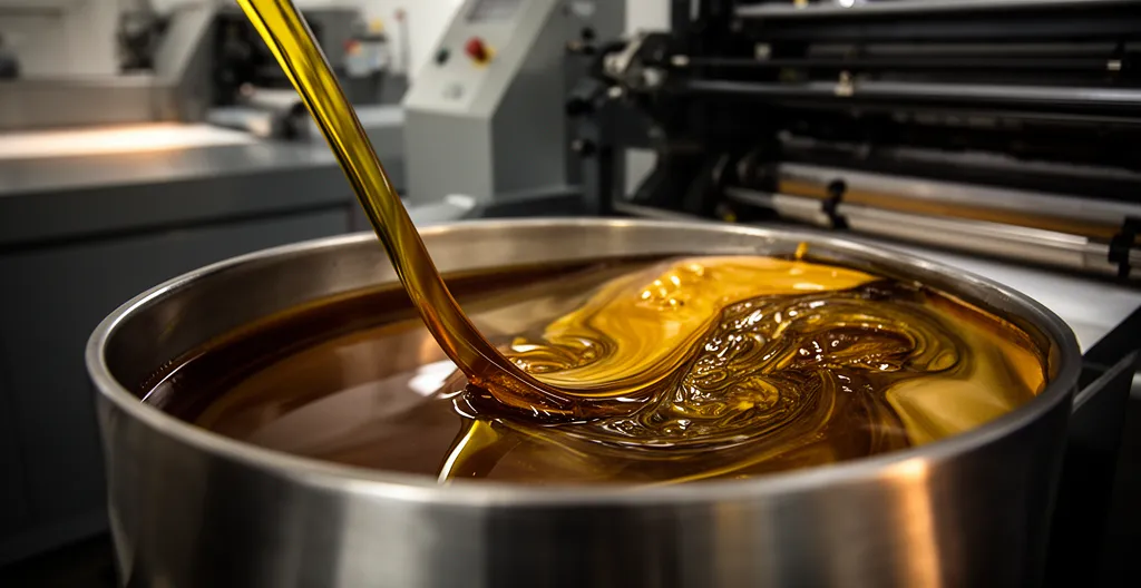 Matériel d'impression avec encres végétales, mélange d'huiles naturelles et pigments dans un environnement d'imprimerie moderne