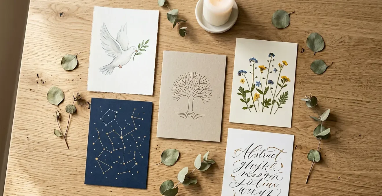 Table en bois clair avec divers faire-parts de baptême élégants sans photos d'enfant, montrant des symboles comme une colombe, un arbre de vie et des motifs floraux délicats