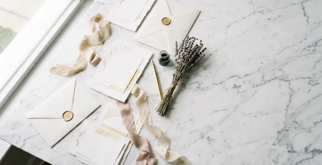 Mise en scène élégante d'invitations de mariage sur une table de travail avec enveloppes et plume dorée
