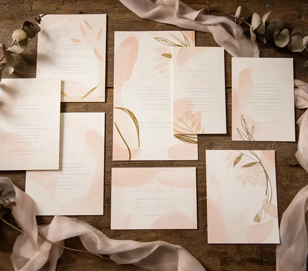 Élégants faire-part de mariage disposés en éventail sur une table en bois avec détails dorés et fleurs séchées