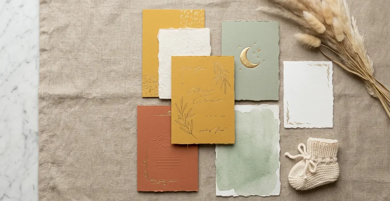Composition artistique de faire-part de naissance avec finitions dorées sur papier texturé et palette de couleurs modernes