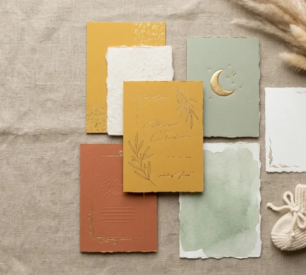 Composition artistique de faire-part de naissance avec finitions dorées sur papier texturé et palette de couleurs modernes