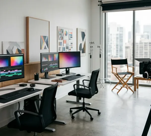 Vue cinématographique d'un studio de production vidéo moderne avec écrans de montage affichant des courbes de rétention