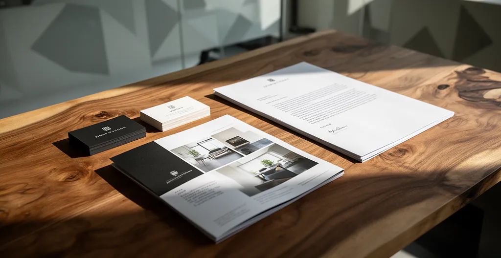 Une composition éditoriale montrant des supports imprimés de marque disposés avec précision sur une surface en bois naturel