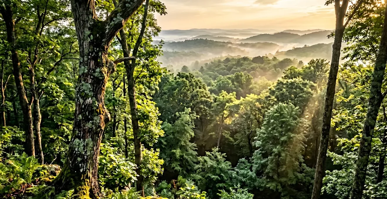 Vue en contre-plongée d'une forêt de feuillus avec canopée verdoyante et rayons de soleil filtrants