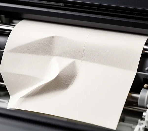 Vue rapprochée d'une imprimante de bureau avec du papier épais coincé dans le mécanisme d'alimentation