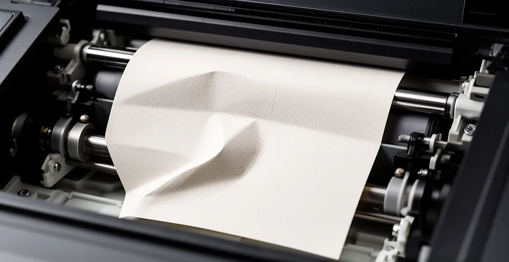 Vue rapprochée d'une imprimante de bureau avec du papier épais coincé dans le mécanisme d'alimentation