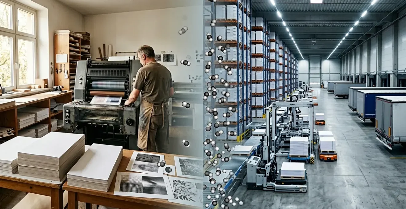Comparaison visuelle entre impression locale et en ligne avec focus sur l'impact transport et écologique