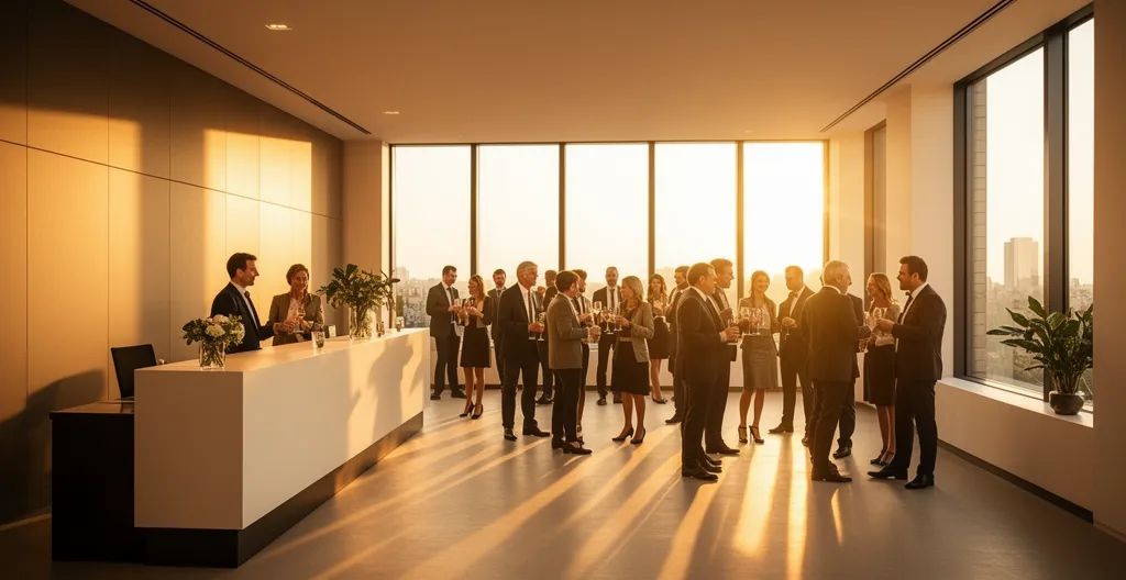 Ambiance conviviale d'un pot de départ à la retraite avec collègues et amis réunis autour d'une table festive