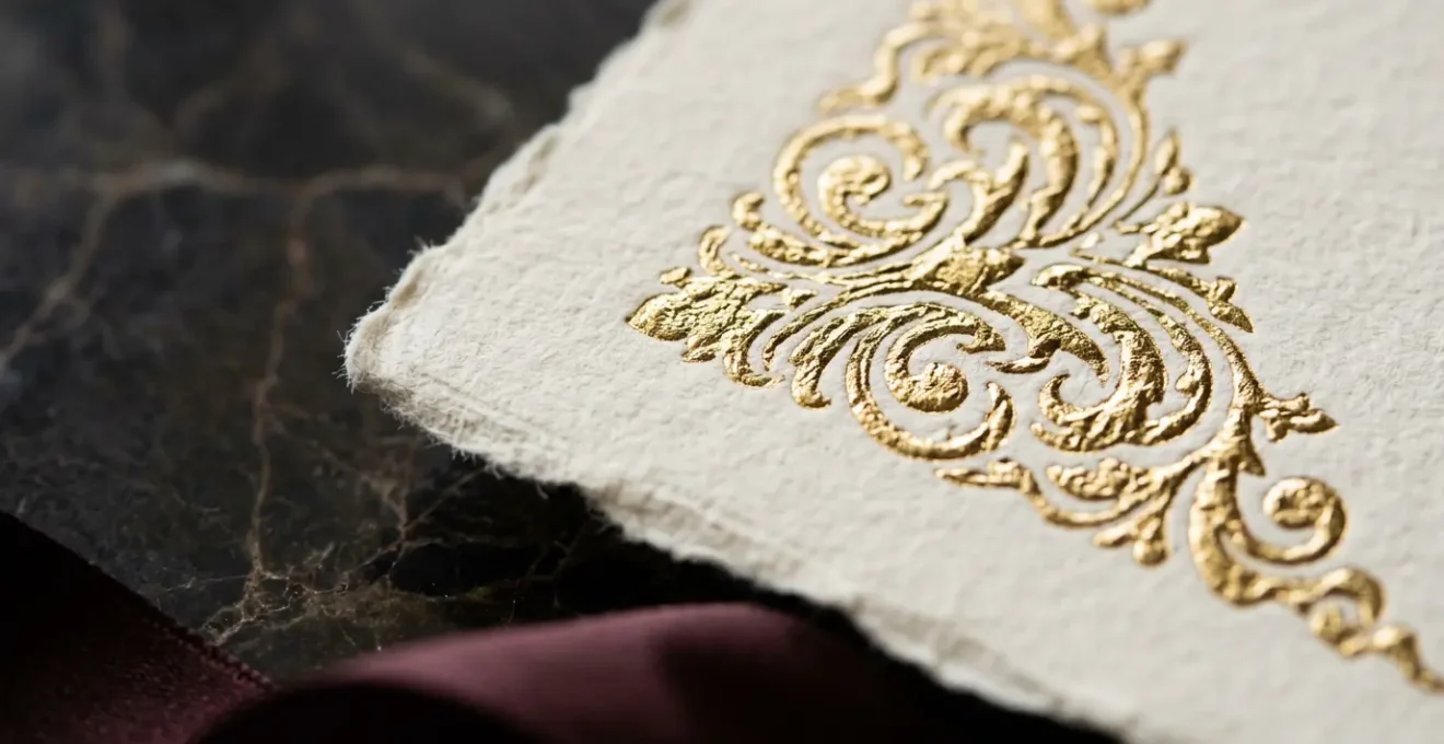 Gros plan sur une invitation luxueuse avec détails dorés et texture de papier épais visible