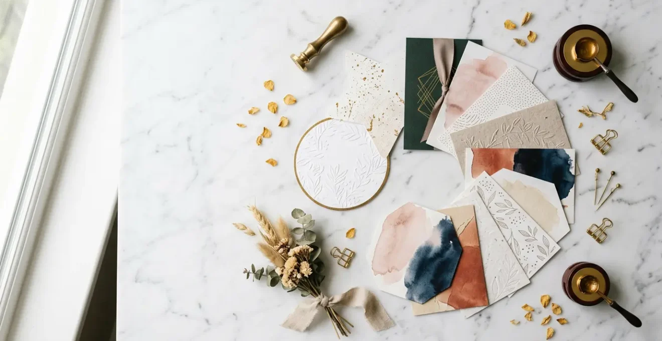 Ensemble d'invitations élégantes disposées en éventail sur une table en marbre avec des éléments dorés et floraux