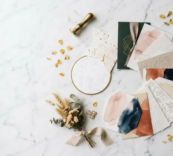 Ensemble d'invitations élégantes disposées en éventail sur une table en marbre avec des éléments dorés et floraux