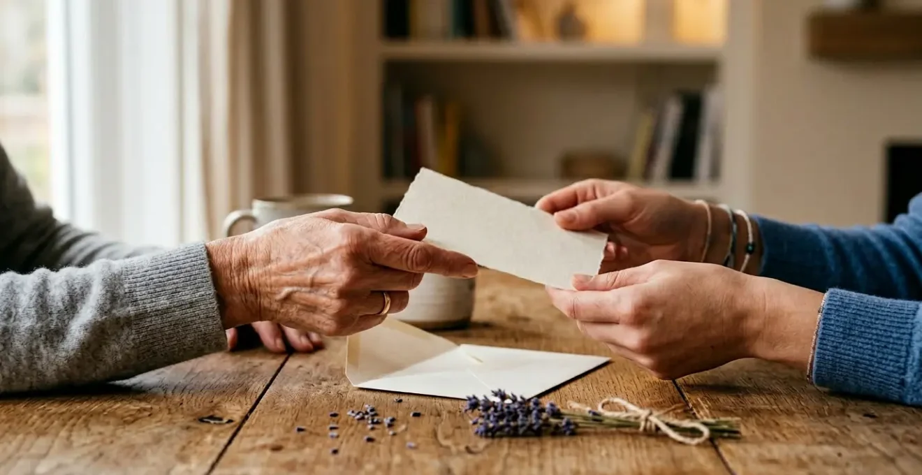 Mains entrelacées autour d'une carte de réconfort posée sur une table en bois naturel avec des fleurs séchées