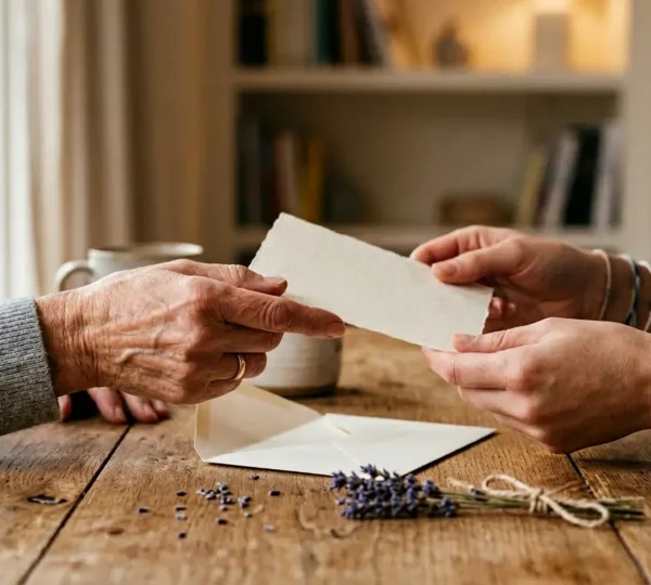 Mains entrelacées autour d'une carte de réconfort posée sur une table en bois naturel avec des fleurs séchées