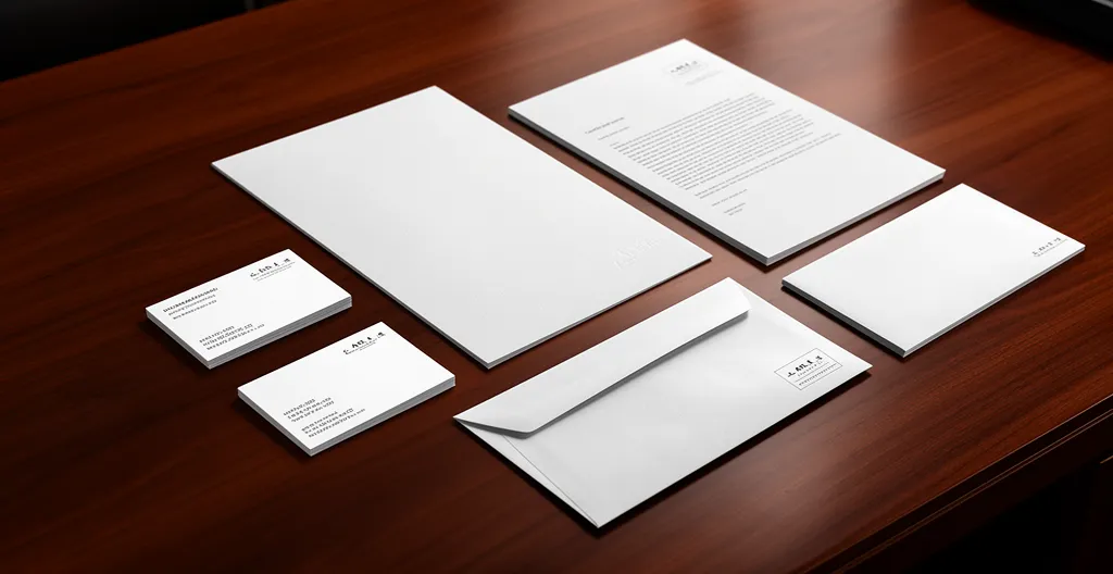 Composition soignée de papeterie d'entreprise haut de gamme sur bureau en bois noble