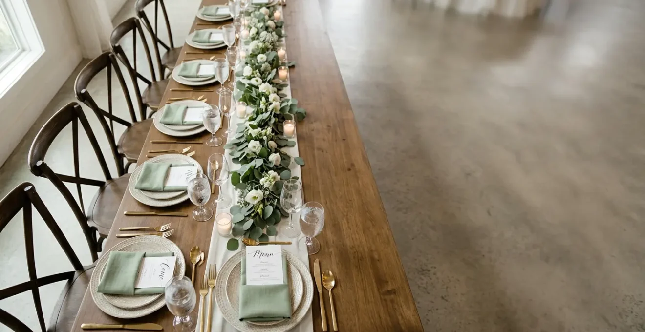 Vue d'ensemble d'une table de réception élégamment dressée avec papeterie assortie