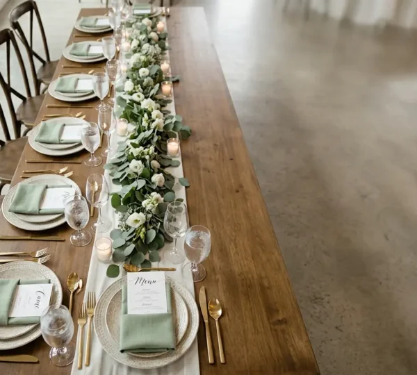 Vue d'ensemble d'une table de réception élégamment dressée avec papeterie assortie