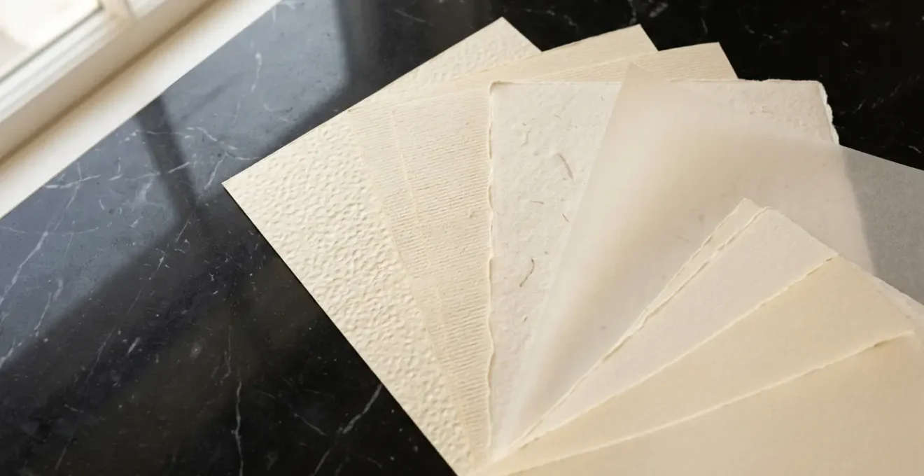 Différentes textures de papiers de création haut de gamme disposés en éventail sur une surface en marbre