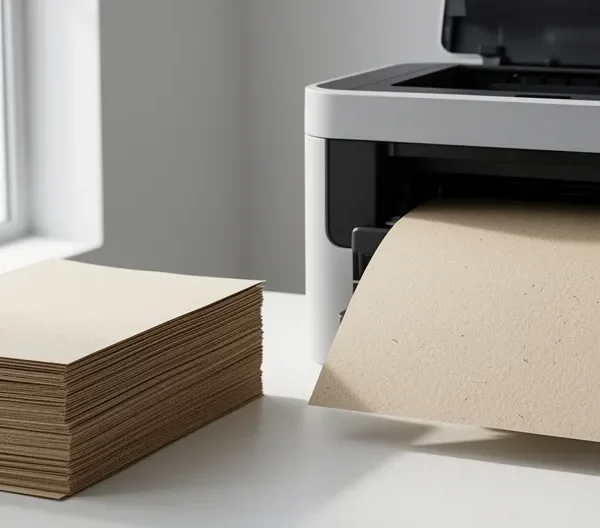 Vue rapprochée d'une imprimante de bureau moderne traitant du papier recyclé avec une texture naturelle visible