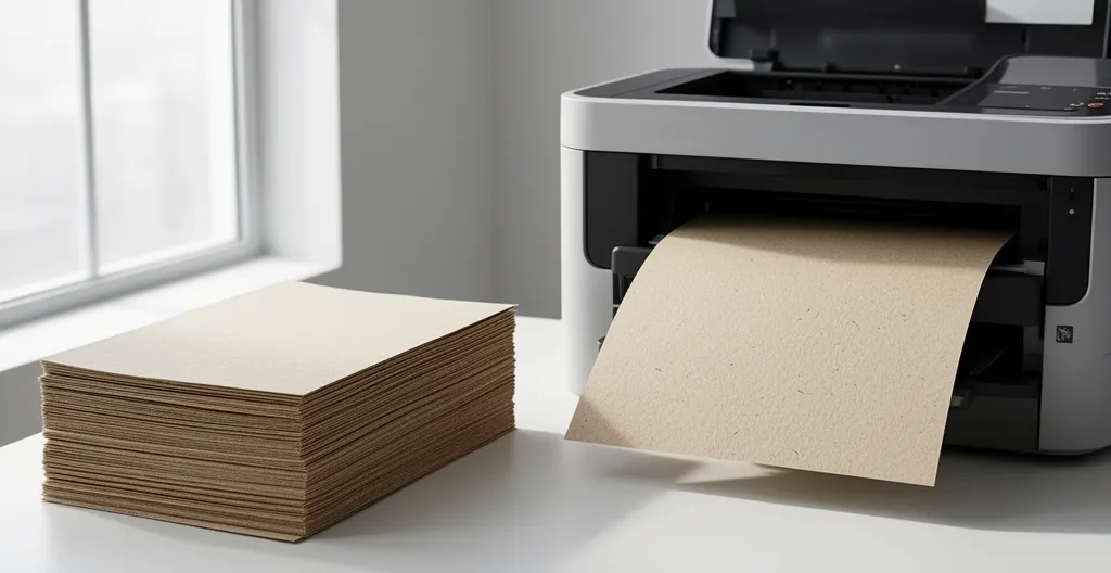 Vue rapprochée d'une imprimante de bureau moderne traitant du papier recyclé avec une texture naturelle visible