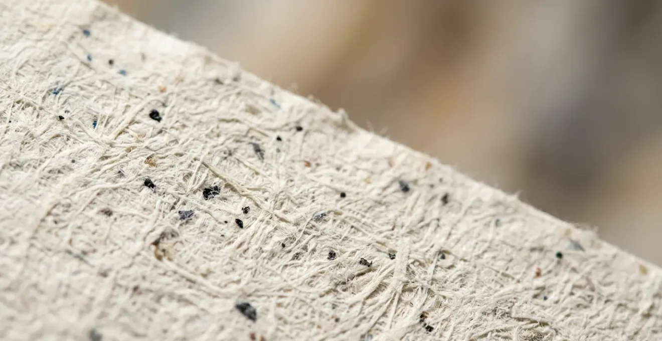 Gros plan macro sur la texture d'un papier recyclé PCW révélant les fibres et les imperfections caractéristiques