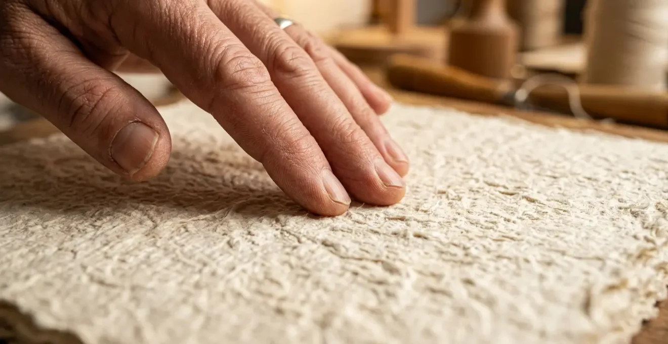 Main d'artisan caressant délicatement un papier texturé épais avec un relief visible sous une lumière douce
