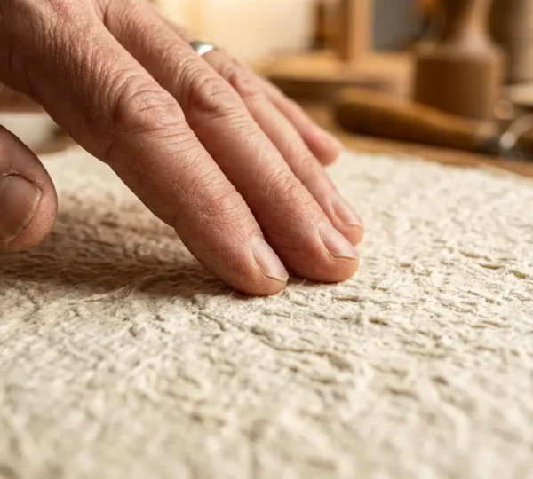 Main d'artisan caressant délicatement un papier texturé épais avec un relief visible sous une lumière douce