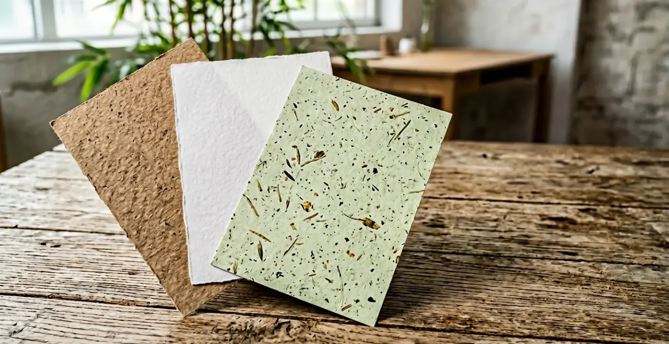 Comparaison tactile de trois échantillons de papiers naturels disposés en éventail sur une surface en bois brut